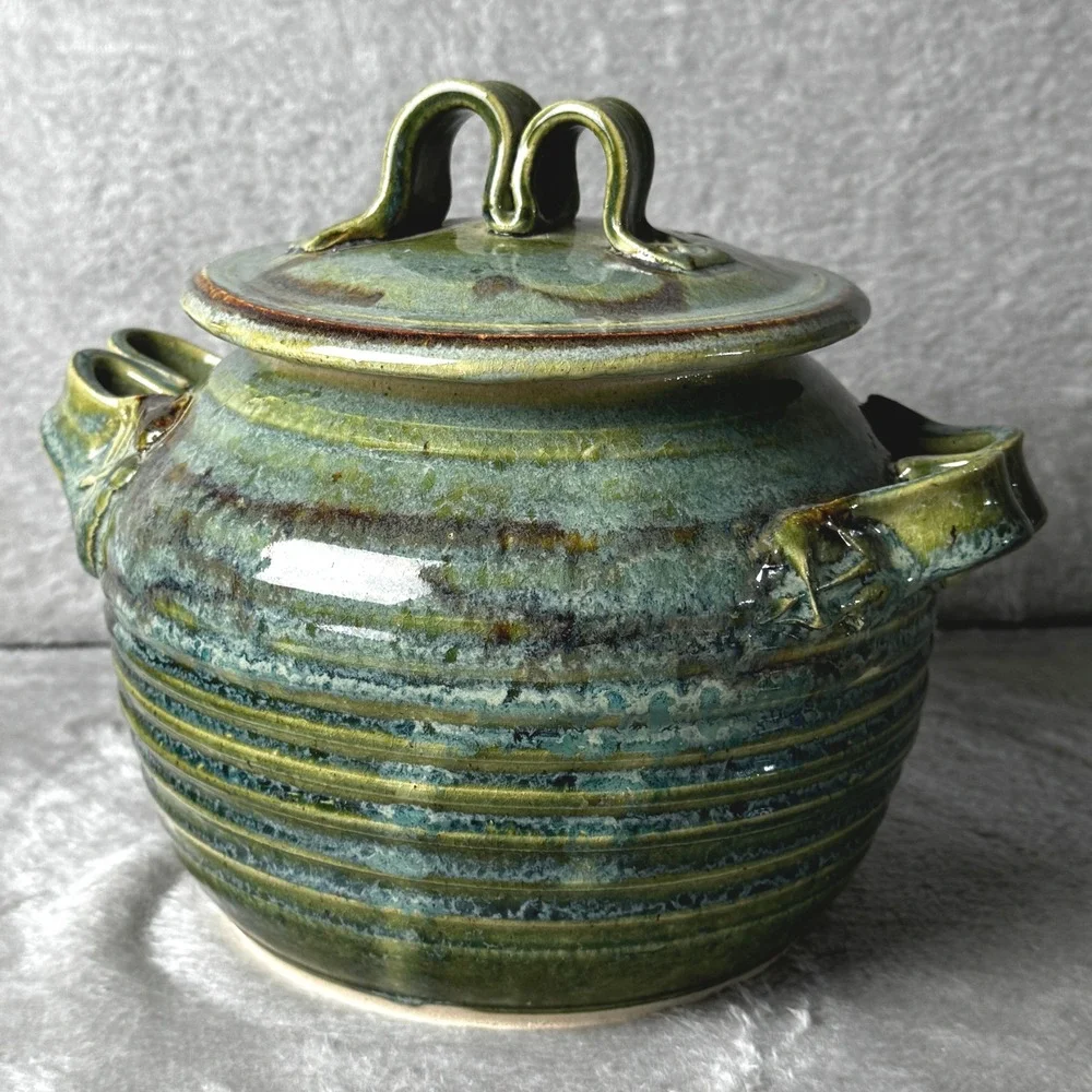 Studio Pottery Lidded Canister Green Brown Glaze Rustic Stoneware Crock Tureen
